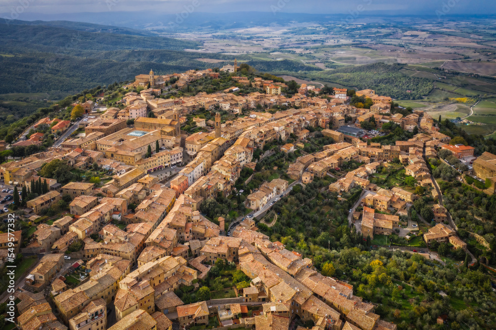 Scenery of Montalchino, a beautiful medieval town in Tuscany. Italy. Aerial drone shot, october 2022