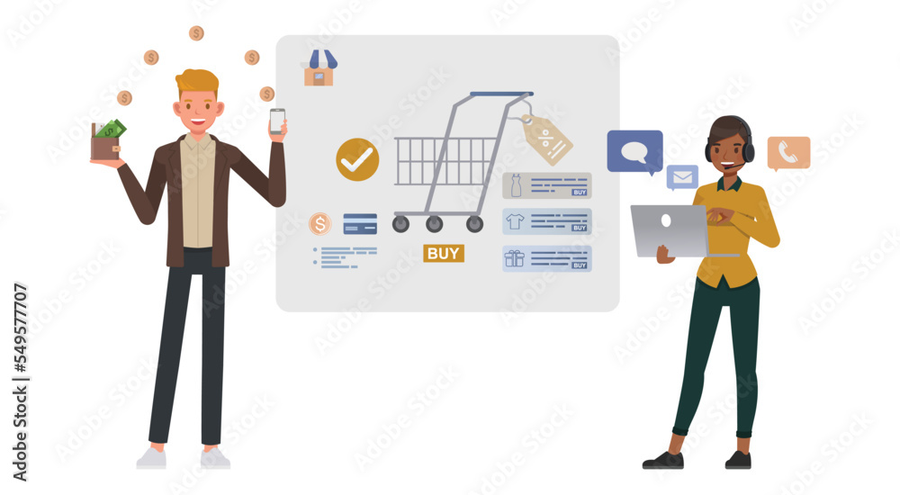 Fototapeta premium Business ecommerce concept. Office man and woman character vector design. Business people working in office planning, thinking and economic analysis on isolated white background.
