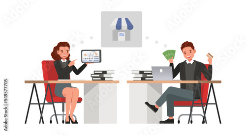 Business ecommerce concept. Office man and woman character vector design. Business people working in office planning, thinking and economic analysis on isolated white background.