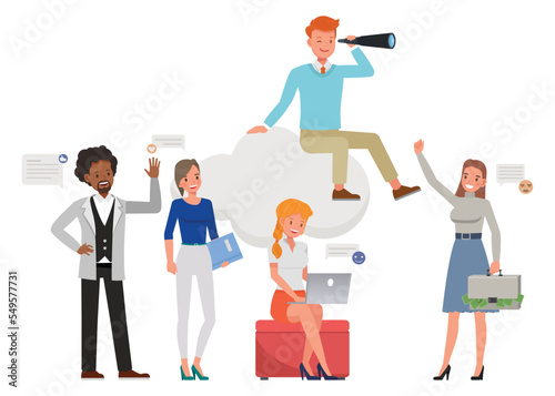 Business leadership concept. Office man and woman character vector design. Business people working in office planning, thinking and economic analysis on isolated white background.