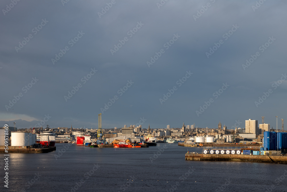 25 November 2022. Aberdeen, Scotland. This is the view of Aberdeen City across the Harbour area at Torry.