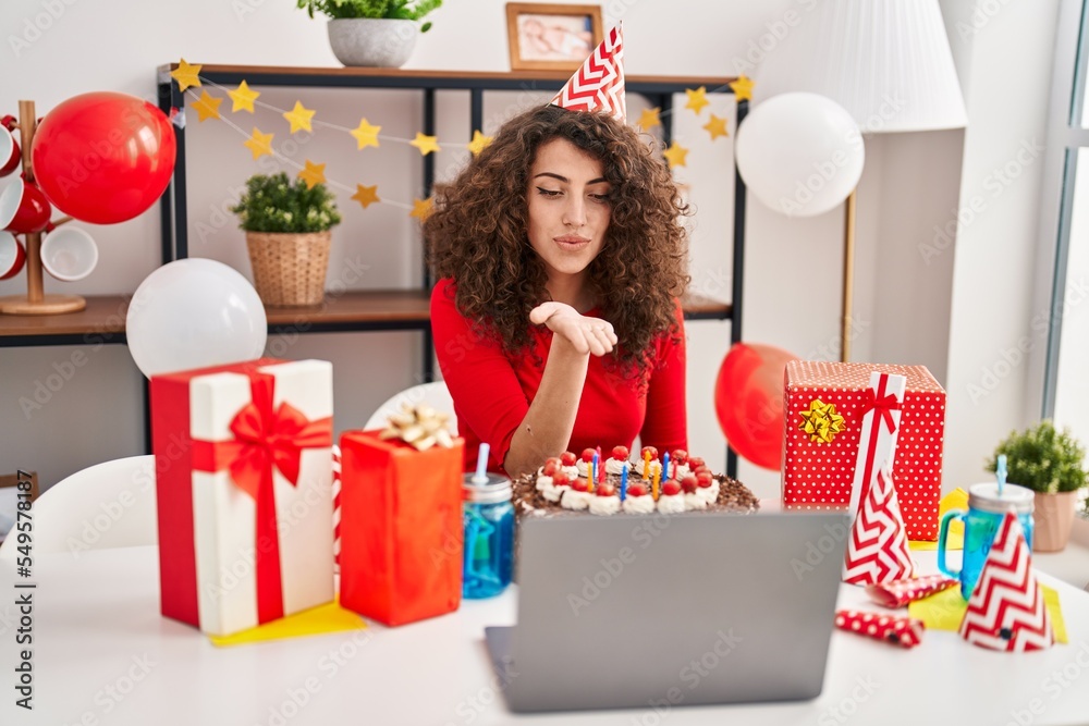 Young hispanic woman smiling confident celebrating online birthday at home Young hispanic woman smiling confident celebrating online birthday at home