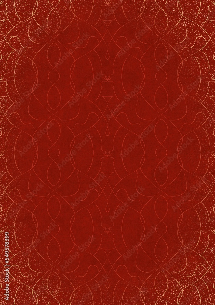 Hand-drawn unique abstract ornament. Light red on a bright red background, with vignette of same pattern and splatters in golden glitter. Paper texture. Digital artwork, A4. (pattern: p08-1e)