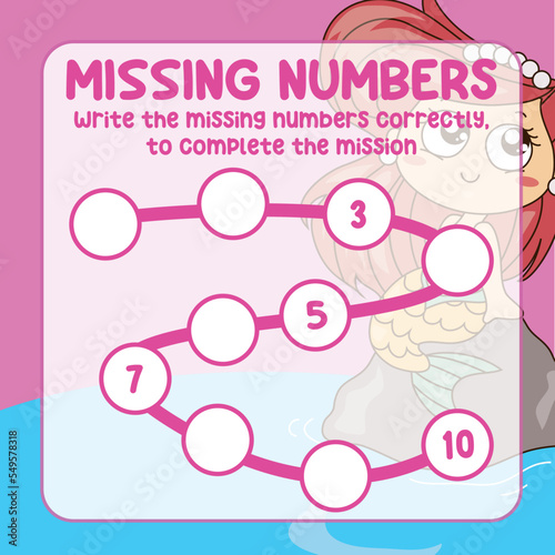 Missing numbers. Write the answer correctly. Educational printable math worksheet. Counting practice. Vector file.