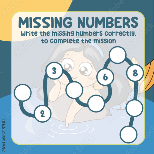Missing numbers. Write the answer correctly. Educational printable math worksheet. Counting practice. Vector file.