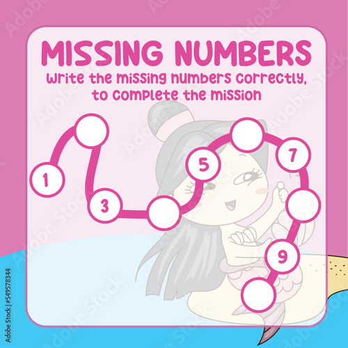Missing numbers. Write the answer correctly. Educational printable math worksheet. Counting practice. Vector file.