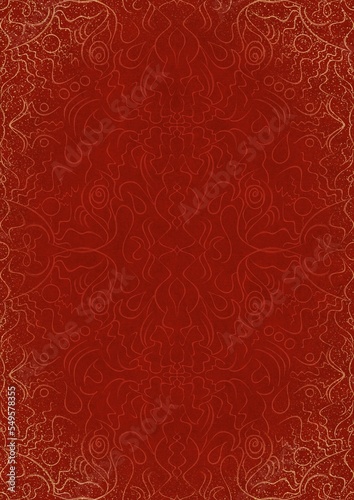 Hand-drawn unique abstract ornament. Light red on a bright red background, with vignette of same pattern and splatters in golden glitter. Paper texture. Digital artwork, A4. (pattern: p07-1d)