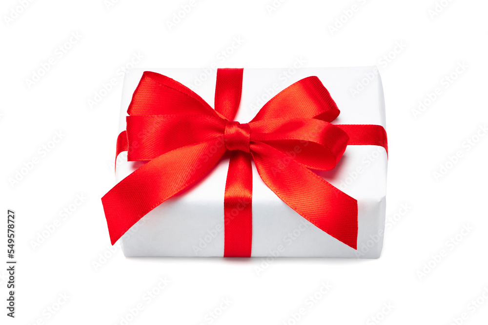 Close up shot of white present bow decorated with red satin ribbon tied bow, isolated over white background Close up shot of white present bow decorated with red satin ribbon tied bow, isolated over white background