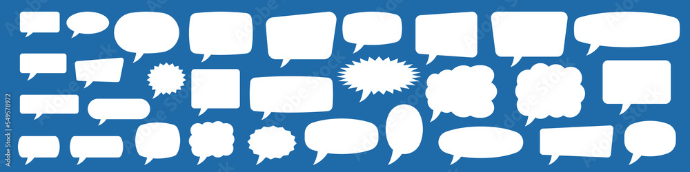 Set of speech bubbles. Blank empty vector white speech bubbles. Cartoon balloon word design. Speak bubble text, chatting box, message box, outline cartoon. Set of speech bubbles. Blank empty vector white speech bubbles. Cartoon balloon word design. Speak bubble text, chatting box, message box, outline cartoon.