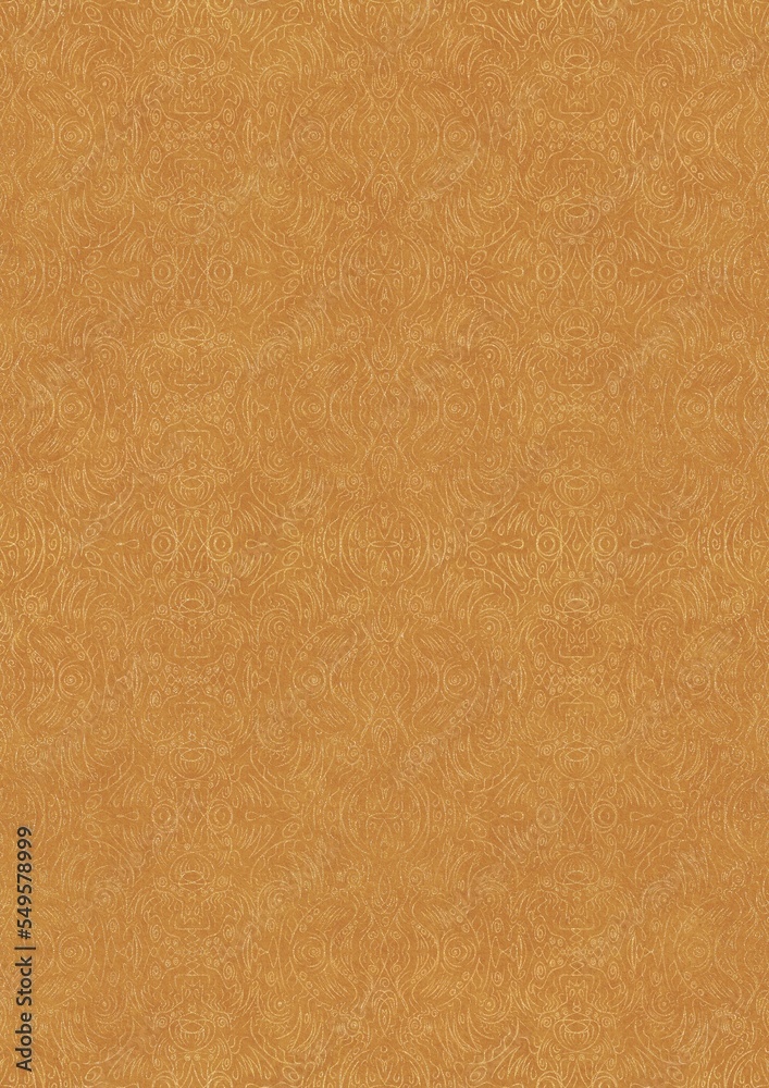 Fototapeta premium Hand-drawn unique abstract symmetrical seamless gold ornament on a yellow background. Paper texture. Digital artwork, A4. (pattern: p03e)