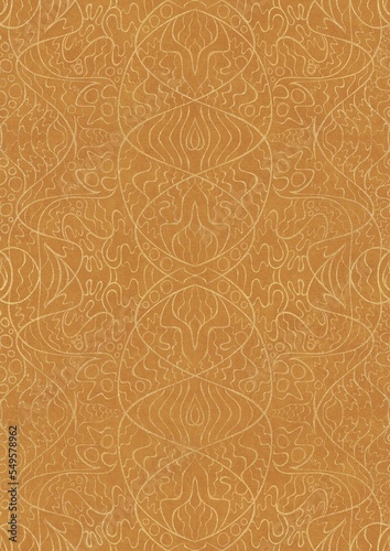 Hand-drawn unique abstract symmetrical seamless gold ornament on a yellow background. Paper texture. Digital artwork, A4. (pattern: p02-2d)