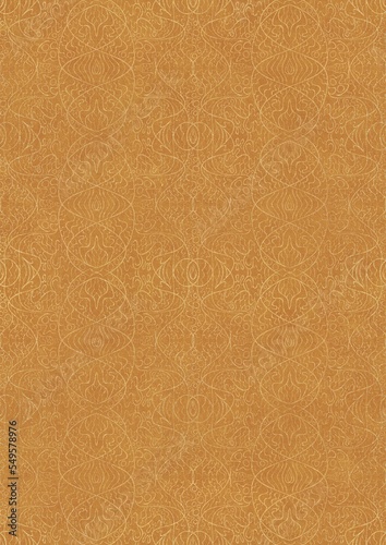 Hand-drawn unique abstract symmetrical seamless gold ornament on a yellow background. Paper texture. Digital artwork, A4. (pattern: p02-2e)