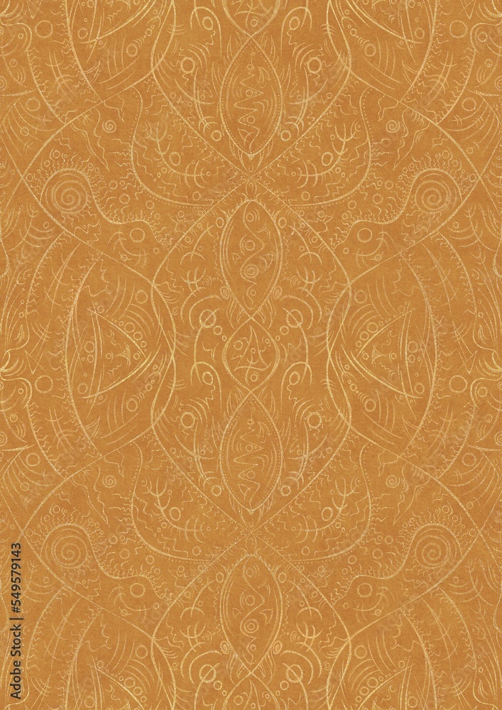 Hand-drawn unique abstract symmetrical seamless gold ornament on a yellow background. Paper texture. Digital artwork, A4. (pattern: p08-2d)