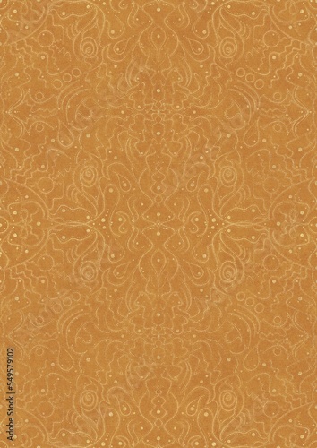 Hand-drawn unique abstract symmetrical seamless gold ornament on a yellow background. Paper texture. Digital artwork, A4. (pattern: p07-2d)