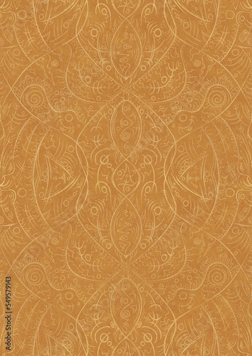 Hand-drawn unique abstract symmetrical seamless gold ornament on a yellow background. Paper texture. Digital artwork  A4.  pattern  p08-2d 