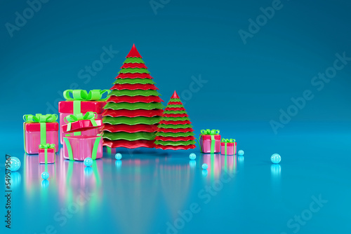Christmas and New Year background. Xmas gifts box. Design for Christmas banner, brochure, flyer, template. 3D rendering