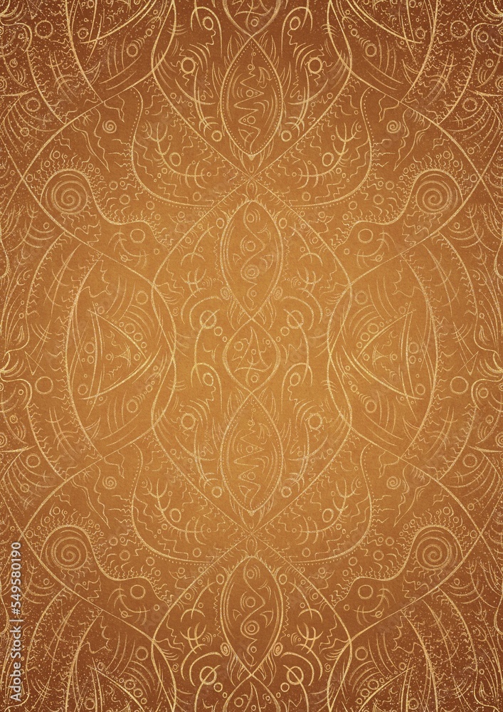 Hand-drawn unique abstract gold ornament on a yellow background, with vignette of darker background color and splatters of golden glitter. Paper texture. Digital artwork, A4. (pattern: p08-2d)