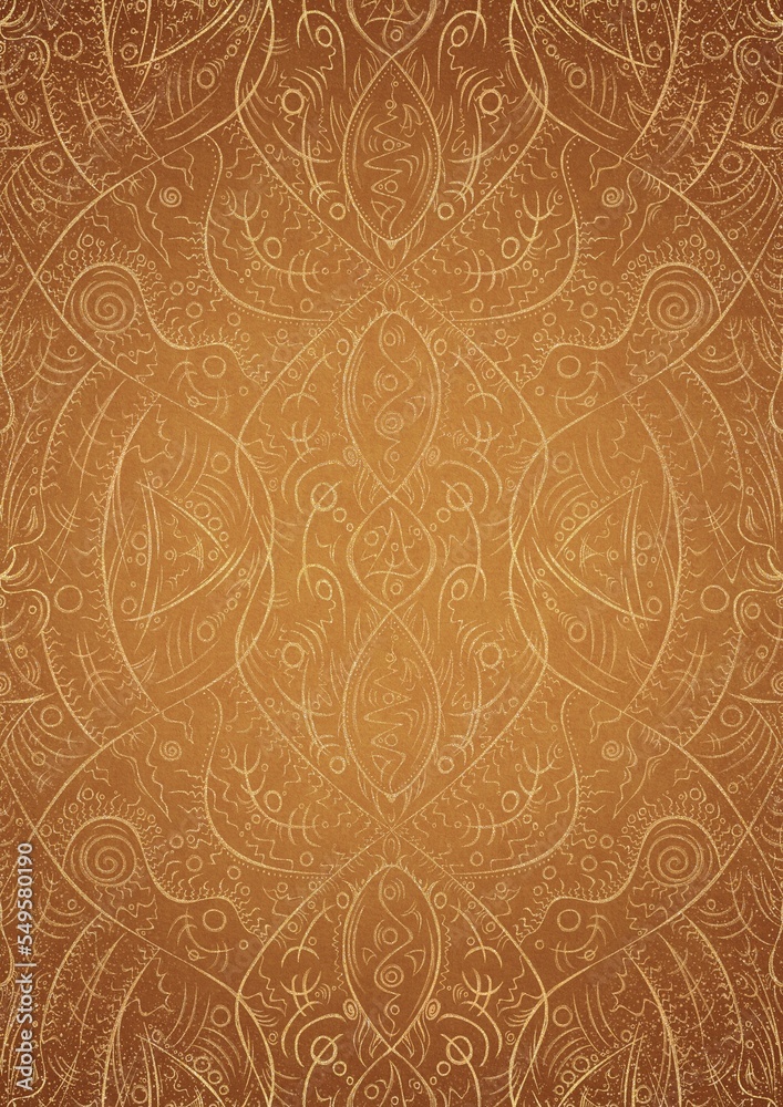 Hand-drawn unique abstract gold ornament on a yellow background, with vignette of darker background color and splatters of golden glitter. Paper texture. Digital artwork, A4. (pattern: p08-2d) Hand-drawn unique abstract gold ornament on a yellow background, with vignette of darker background color and splatters of golden glitter. Paper texture. Digital artwork, A4. (pattern: p08-2d)