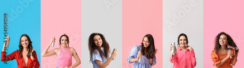 Set of beautiful women with hair spray on colorful background