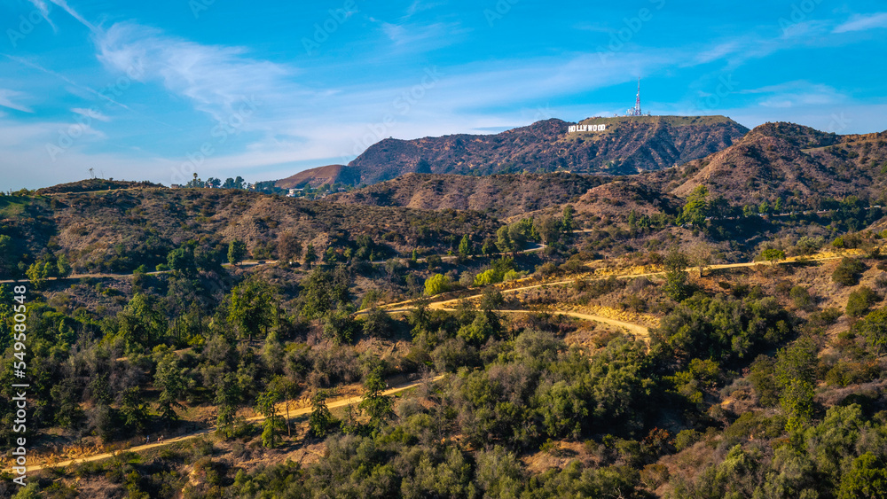 Los Angeles natural woodland park with Hollywood Sign on the Hollywood Hills, view from Griffith Observatory, California, USA