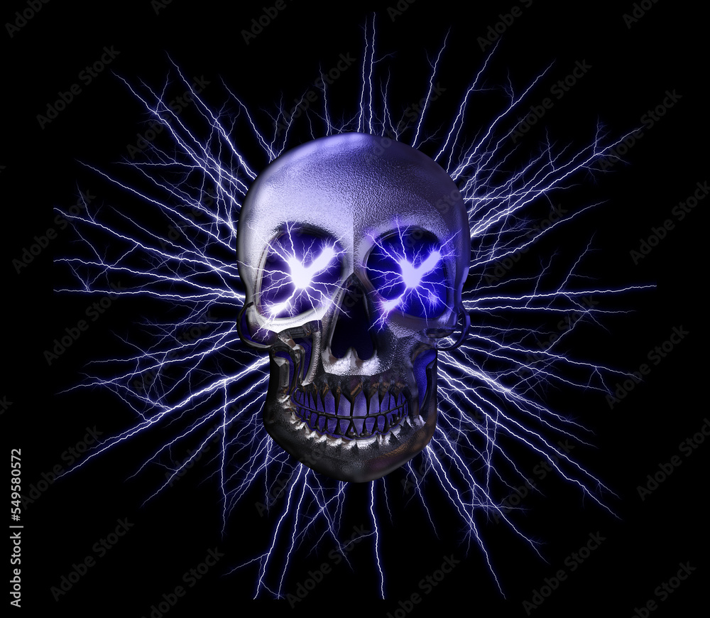 3d illustration, silver skull with thunder in the eyes 3d illustration, silver skull with thunder in the eyes