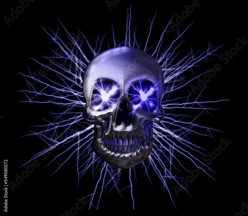 3d illustration  silver skull with thunder in the eyes