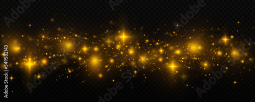 Golden blurred lights, bokeh and particles. Glitter light background. Sparkle dust twinkle isolated on transparent background.