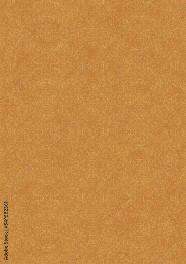 Fototapeta premium Hand-drawn unique abstract symmetrical seamless ornament light yellow on a darker yellow background, paper texture. Digital artwork, A4. (pattern: p03e)