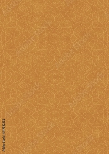 Hand-drawn unique abstract symmetrical seamless ornament light yellow on a darker yellow background, paper texture. Digital artwork, A4. (pattern: p02-1e)