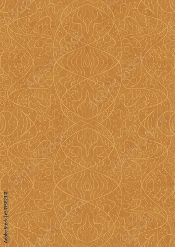 Hand-drawn unique abstract symmetrical seamless ornament light yellow on a darker yellow background, paper texture. Digital artwork, A4. (pattern: p02-2d)
