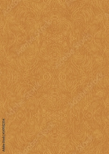Hand-drawn unique abstract symmetrical seamless ornament light yellow on a darker yellow background, paper texture. Digital artwork, A4. (pattern: p03d)