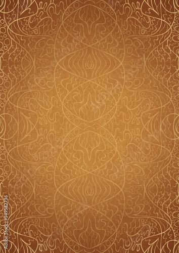 Hand-drawn unique abstract ornament. Light yellow on a darker yellow background, with vignette of same pattern in golden glitter on a darker background color. Paper texture. A4. (pattern: p02-2d)