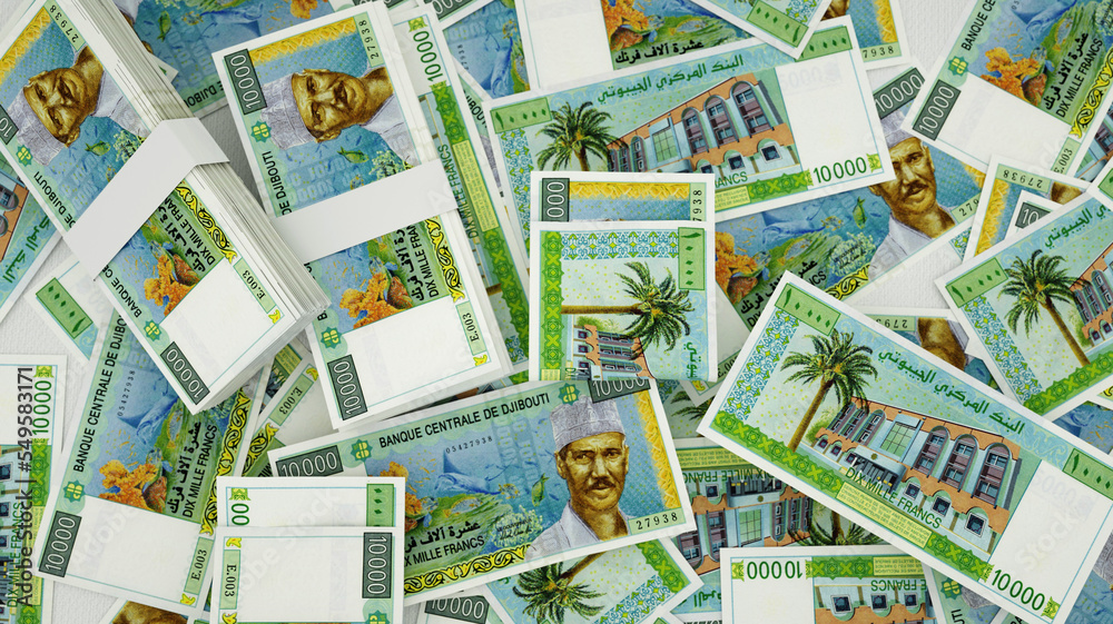 3D rendering of Djiboutian franc notes spread on surface