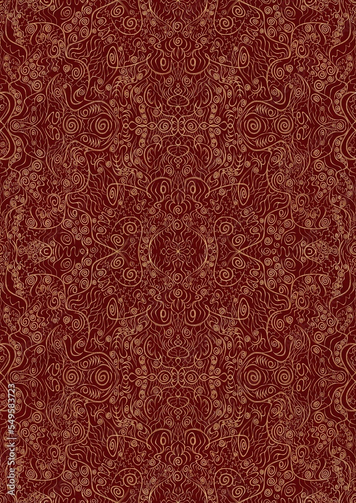 Hand-drawn unique abstract symmetrical seamless gold ornament on a deep red background. Paper texture. Digital artwork, A4. (pattern: p06d)
