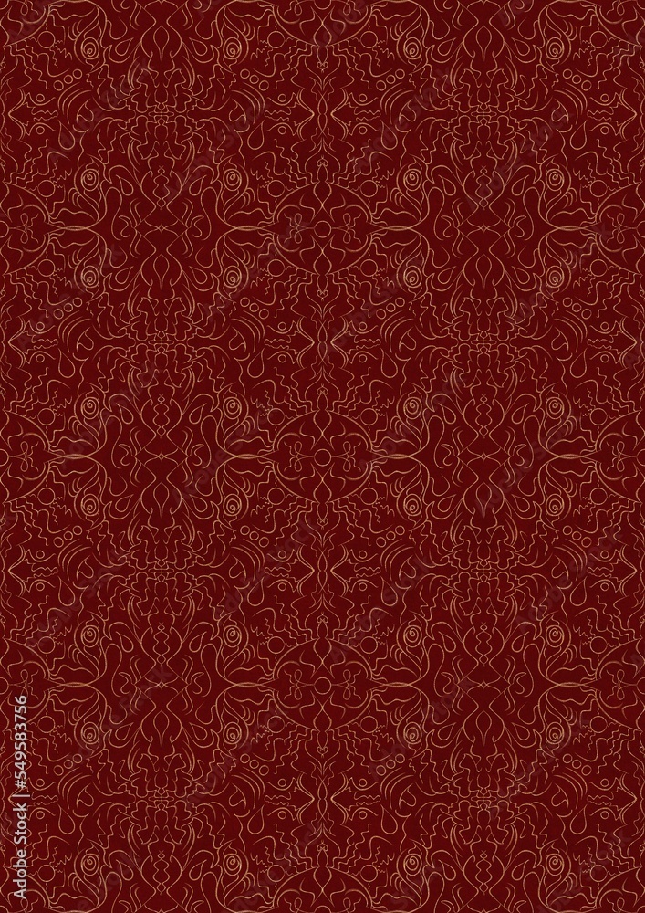 Hand-drawn unique abstract symmetrical seamless gold ornament on a deep red background. Paper texture. Digital artwork, A4. (pattern: p07-1e) Hand-drawn unique abstract symmetrical seamless gold ornament on a deep red background. Paper texture. Digital artwork, A4. (pattern: p07-1e)