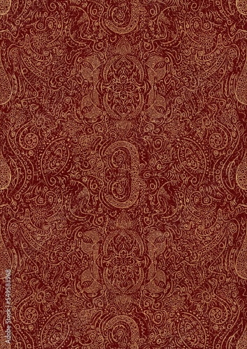 Hand-drawn unique abstract symmetrical seamless gold ornament and splatters of golden glitter on a deep red background. Paper texture. Digital artwork, A4. (pattern: p01d)