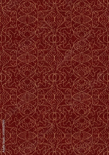 Hand-drawn unique abstract symmetrical seamless gold ornament and splatters of golden glitter on a deep red background. Paper texture. Digital artwork, A4. (pattern: p02-1e)