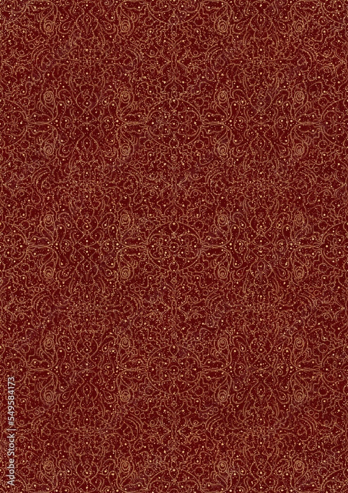 Hand-drawn unique abstract symmetrical seamless gold ornament and splatters of golden glitter on a deep red background. Paper texture. Digital artwork, A4. (pattern: p07-2e) Hand-drawn unique abstract symmetrical seamless gold ornament and splatters of golden glitter on a deep red background. Paper texture. Digital artwork, A4. (pattern: p07-2e)