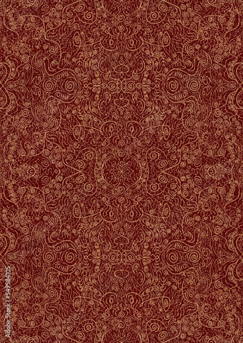 Hand-drawn unique abstract symmetrical seamless gold ornament and splatters of golden glitter on a deep red background. Paper texture. Digital artwork, A4. (pattern: p06d)