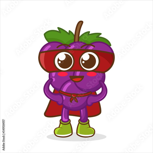 Grape fruit superhero cartoon character, vector fruit in super hero costume and mask