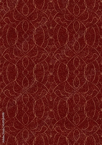 Hand-drawn unique abstract symmetrical seamless gold ornament and splatters of golden glitter on a deep red background. Paper texture. Digital artwork, A4. (pattern: p08-1e)