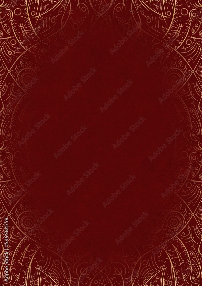 Deep red textured paper with vignette of golden hand-drawn pattern. Copy space. Digital artwork, A4. (pattern: p08-2d)