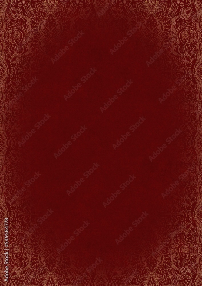 Deep red textured paper with vignette of golden hand-drawn pattern. Copy space. Digital artwork, A4. (pattern: p09e) Deep red textured paper with vignette of golden hand-drawn pattern. Copy space. Digital artwork, A4. (pattern: p09e)