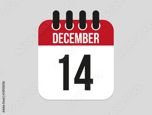 14 December calendar icon. Calendar template for the days of december. Red banner for dates and business