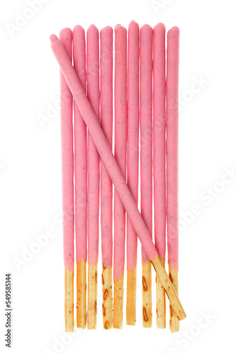 pink strawberry flavored bread sticks on white.