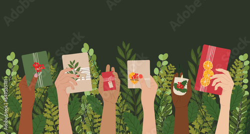 Different female hands hold Christmas gift boxes on winter greenery background. Merry Christmas banner, posters. Zero waste eco gifts. Hand drawn vector