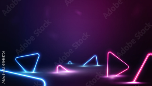 Empty scene with neon blue and pink triangles around