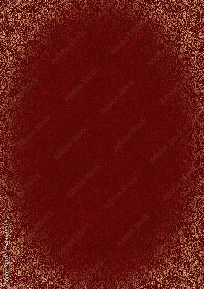 Hand-drawn unique abstract ornament. Light red on a deep red background, with vignette of same pattern and splatters in golden glitter. Paper texture. Digital artwork, A4. (pattern: p06d)