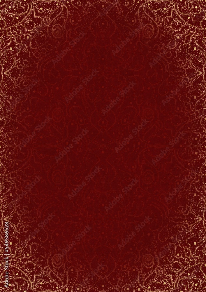 Hand-drawn unique abstract ornament. Light red on a deep red background, with vignette of same pattern and splatters in golden glitter. Paper texture. Digital artwork, A4. (pattern: p07-2d) Hand-drawn unique abstract ornament. Light red on a deep red background, with vignette of same pattern and splatters in golden glitter. Paper texture. Digital artwork, A4. (pattern: p07-2d)