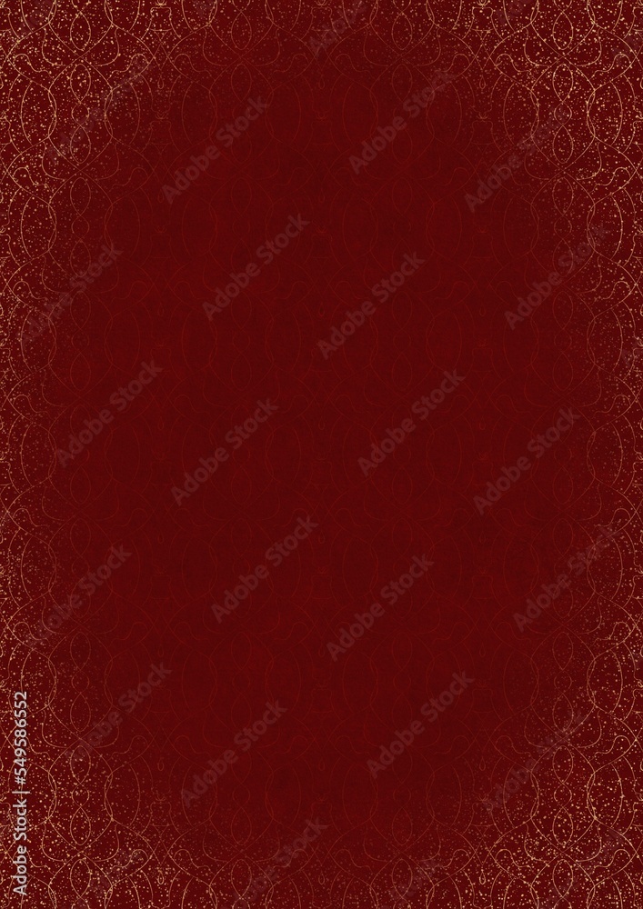 Hand-drawn unique abstract ornament. Light red on a deep red background, with vignette of same pattern and splatters in golden glitter. Paper texture. Digital artwork, A4. (pattern: p08-1f) Hand-drawn unique abstract ornament. Light red on a deep red background, with vignette of same pattern and splatters in golden glitter. Paper texture. Digital artwork, A4. (pattern: p08-1f)